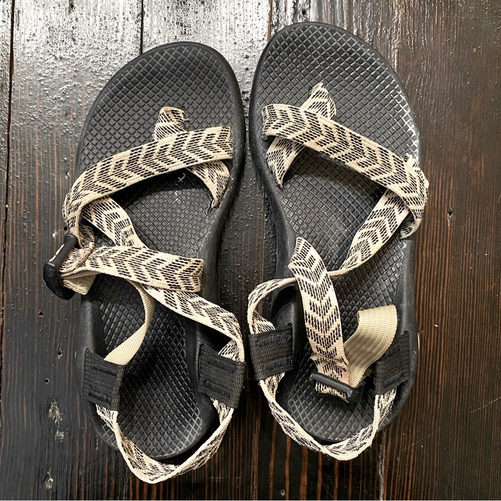 Black and white Chaco with toe strap